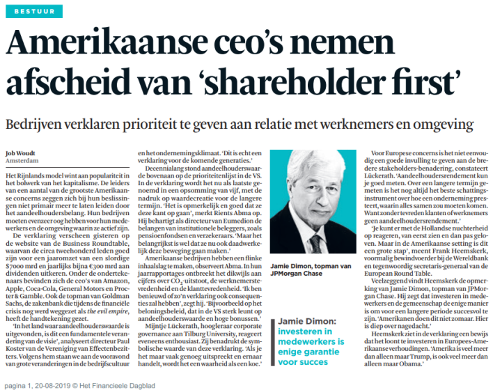 Amerikaanse ceo's nemen afscheid van 'shareholder first'